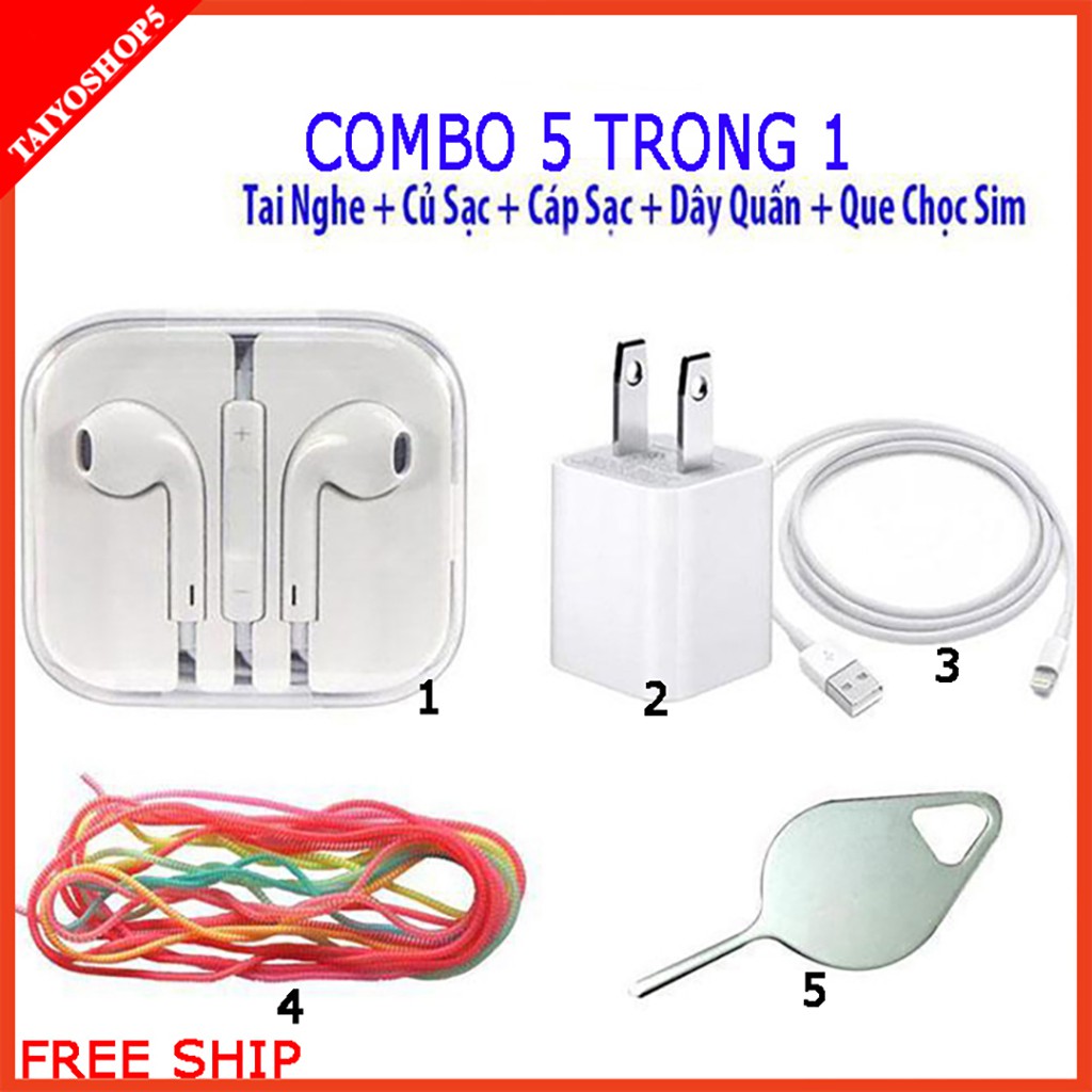 COMBO 5 Món Củ sạc VUÔNG IPHONE + Cáp sạc IPHONE +Tai nghe chân tròn +2 dây cuốn sạc/tai nghe + Que lấy sim TAIYOSHOP5