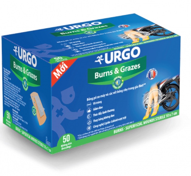 Urgo Burns & Grazes là băng cá nhân tiện lợi cho vết bỏng pô xe máy (bỏng cấp độ 1 và bỏng cấp độ 2)