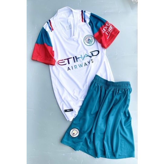 Set bộ quần áo bóng đá vải gai thái clb man city áo trắng  vai đỏ quần xanh 2021 2022