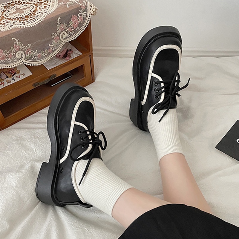 Giày Da Mũi Vuông Đế Dày Buộc Dây Kiểu retro Anh Dễ Thương Cho Nữ