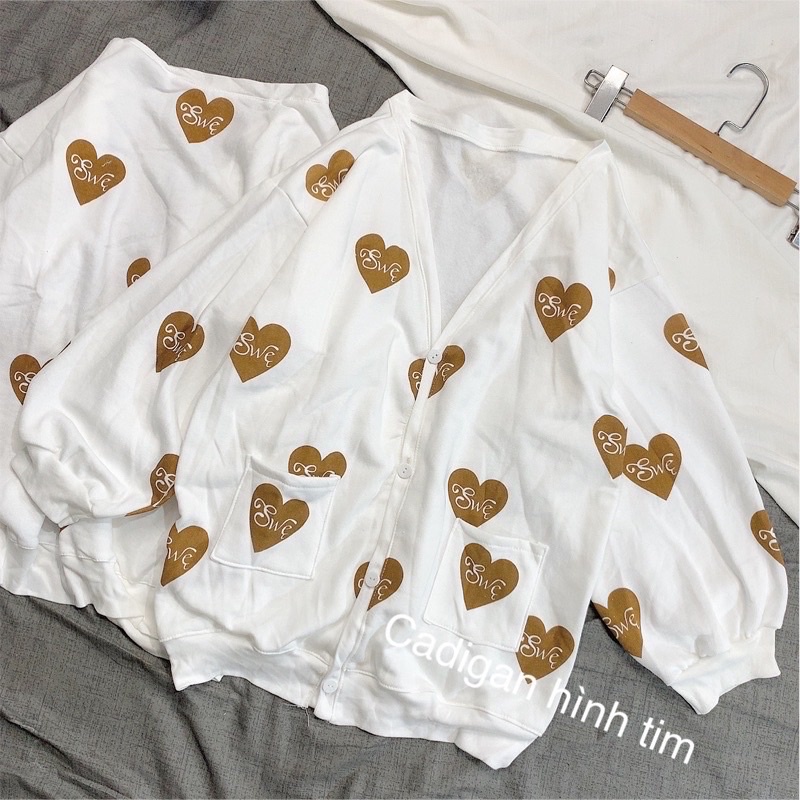 Áo Khoác Nỉ Bông Cardigan Hình Trái Tim Nâu Siêu Hot, Áo Lót Bông Nữ Unisex Form Rộng Freesize Dưới 70kg
