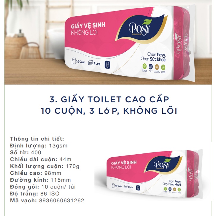 GIẤY VỆ SINH POSY CAO CẤP 10 CUỘN - 3 LỚP KHÔNG LÕI