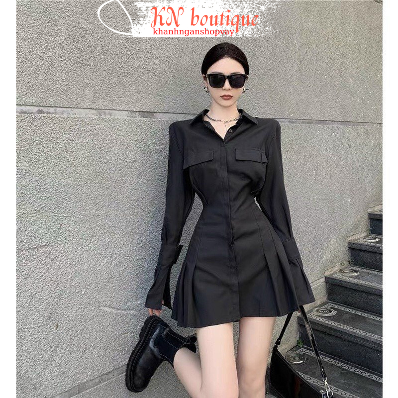 Đầm dự tiệc cổ sơ mi tay dài dáng xòe ngắn đi tiệc đi chơi dạo phố trẻ trung năng động K N Boutique