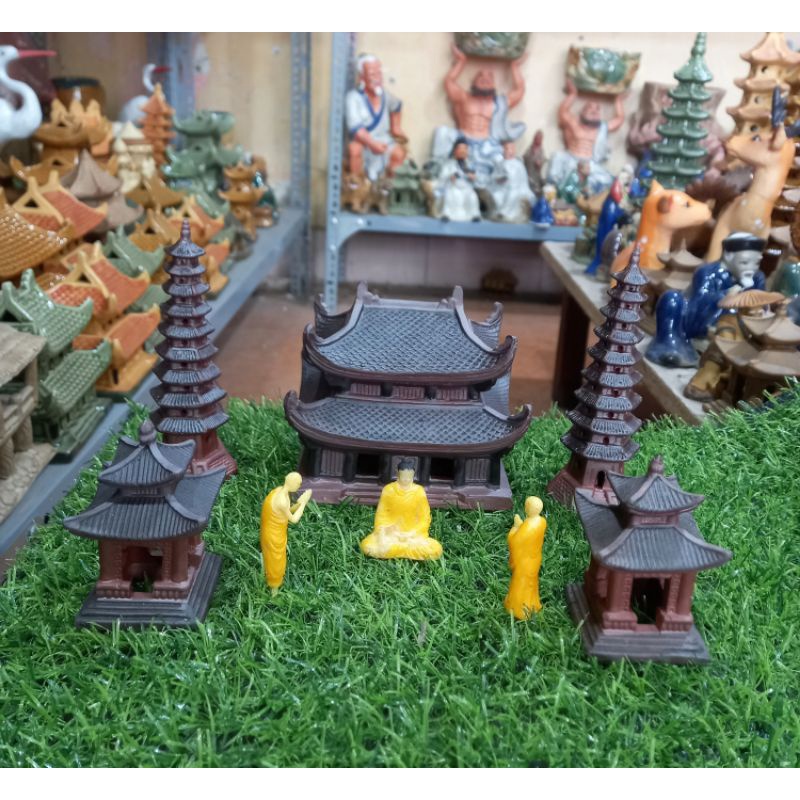 Combo tượng chùa tháp trang trí bể cá,non bộ.Bộ gồm 8 sản phẩm như hình