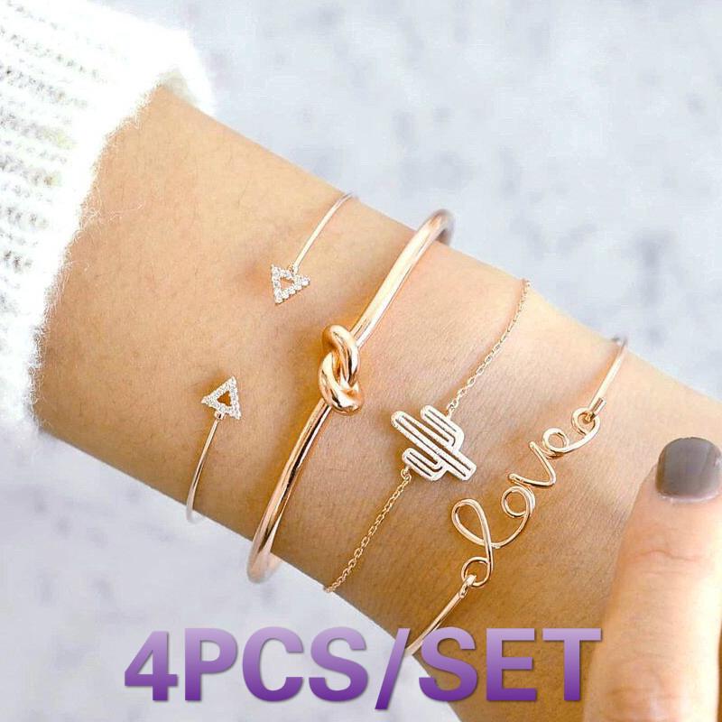 4pcs Korean Bracelets for Women Accessories Fashion Creative Vintage Geometric Diamond Bangle wonderfaishion.vn