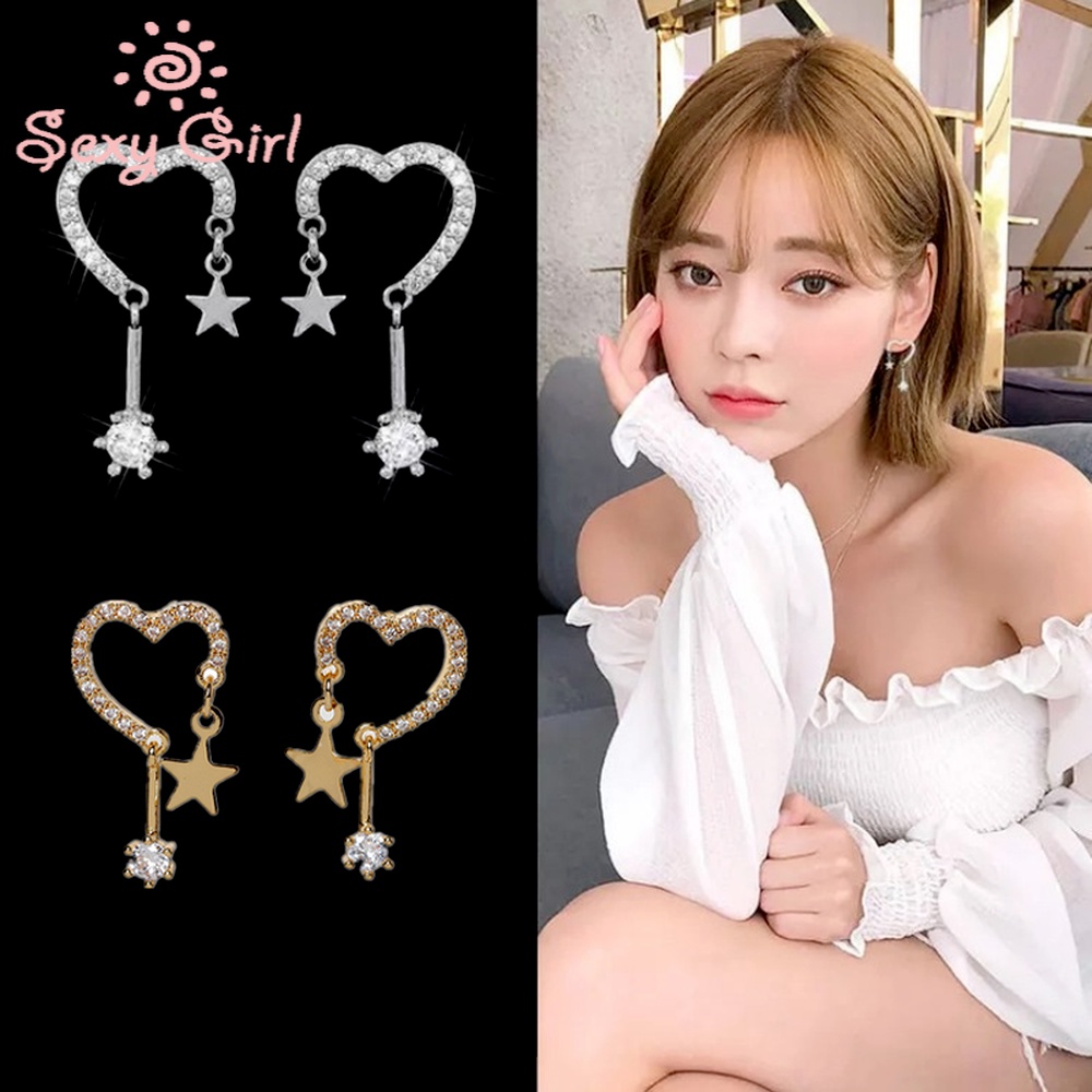 Bông Tai Mạ Bạc 925 Hình Ngôi Sao / Trái Tim Phong Cách Hàn Quốc Quyến Rũ Cho Nữ