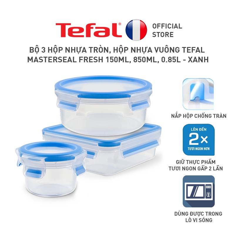 Bộ 3 hộp nhựa tròn, hộp nhựa vuông Tefal Masterseal Fresh 150ml, 850ml, 0.85L