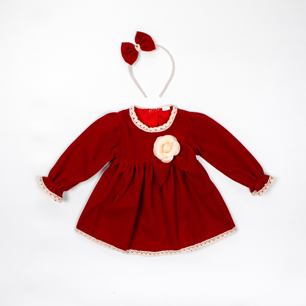 Váy nhung hoa Obeah chất liệu nhung phối ren Fullsize 59 đến 90 cho bé gái từ 1 đến 24 tháng