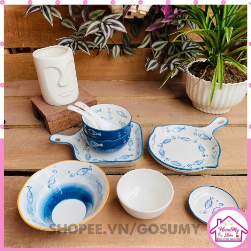 Bộ Bát Đĩa, Chén Dĩa Sứ Decor Bát Ăn Cơm Chén Sứ Hình Con Cá Dễ Thương Cute Cao Cấp 13 món