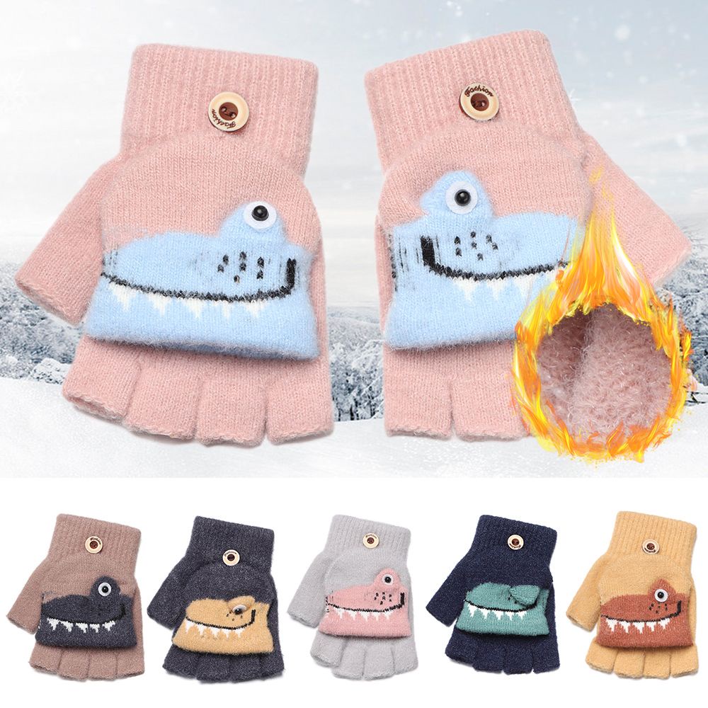 Đôi găng tay dệt kim hở ngón họa tiết khủng long dễ thương cho bé 5-12 tuổi