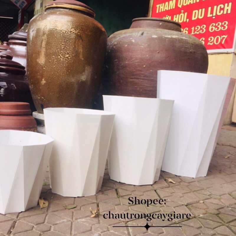 chậu trồng cây bằng nhựa cứng màu trắng, dày dặn, chịu được thời tiết, có in hoa văn đẹp mắt, trồng cây cảnh, cây hoa