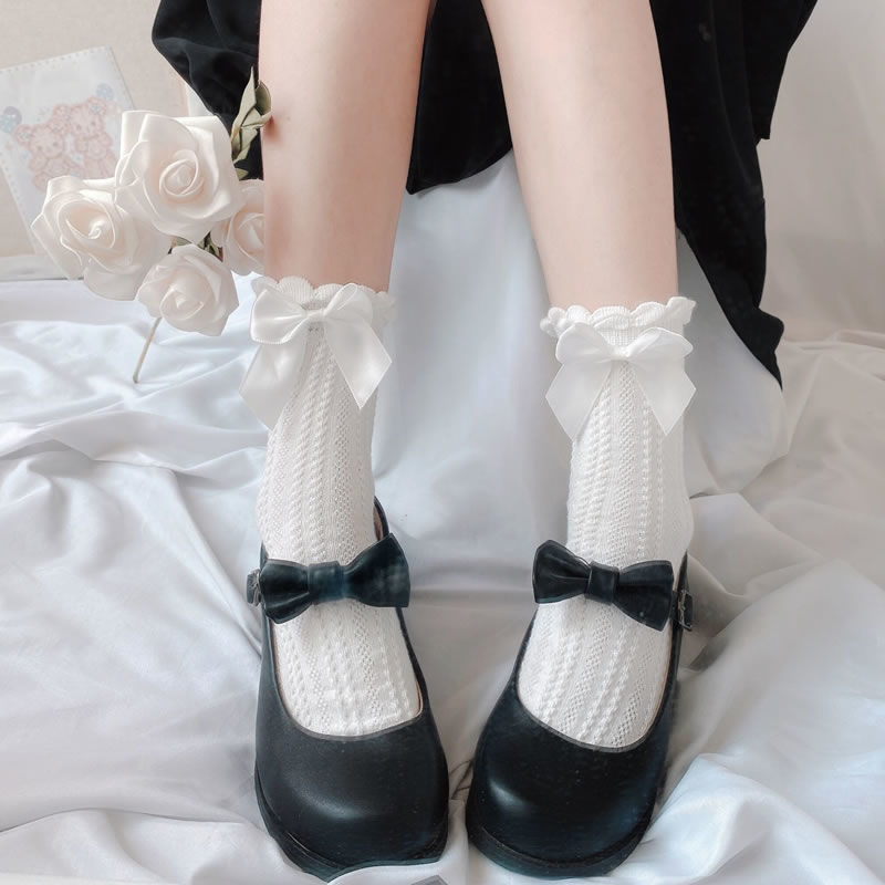 Vớ cotton phối ren phong cách Lolita Nhật Bản màu trắng thời trang nữ