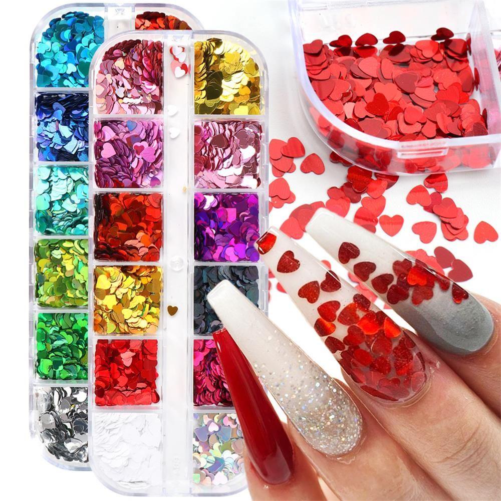 Hộp Phụ Kiện Trang Trí Móng Nghệ Thuật 12 Ngăn Họa Tiết Trái Tim Lấp Lánh 3D