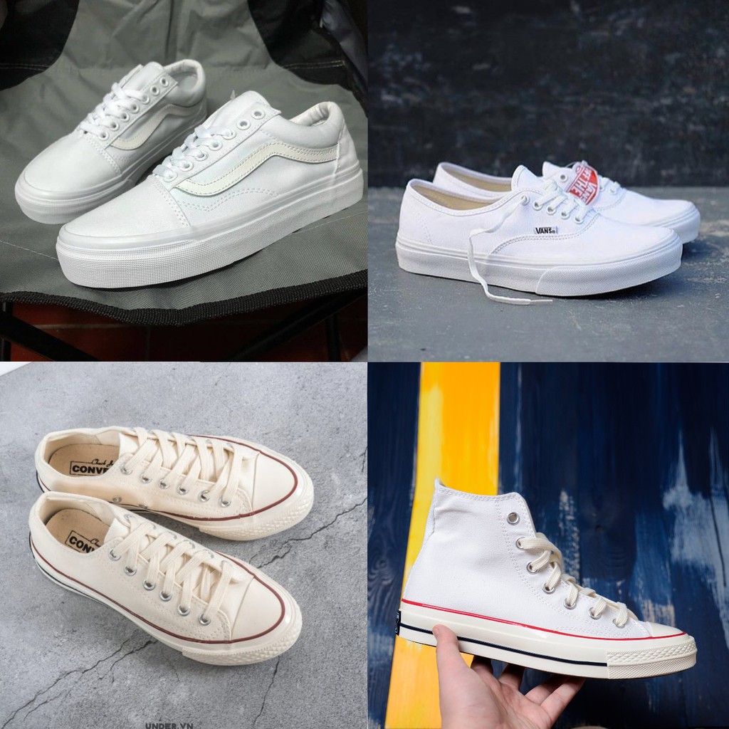 Giày thể thao nam nữ trắng, giày vải thấp cổ, buộc dây