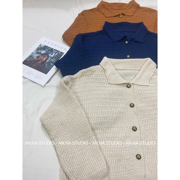 Áo len khuy đồng dài tay dáng rộng cổ polo