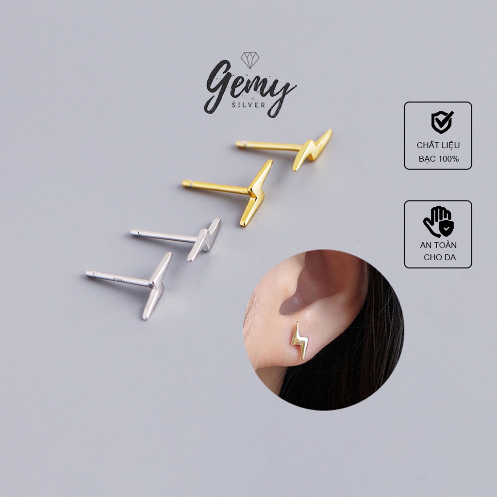 Khuyên tai nam nữ bạc 925 mạ vàng hình tia chớp nhỏ thiết kế đơn giản, unisex (1 chiếc) | GEMY SILVER KN22