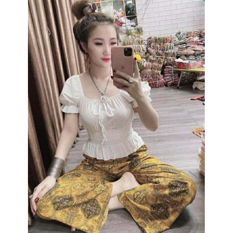 BỘ THỔ CẨM ÁO TRẮNG TAY NGẮN LỤA