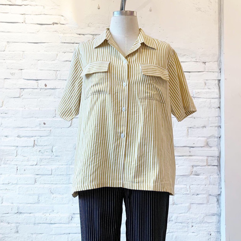 Usthebasic - Áo sơ mi nữ Stripe Pocket Short Sleeves Shirt