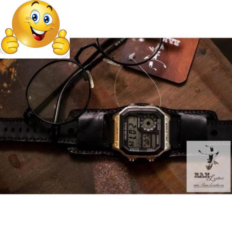 (TẶNG FULL PHỤ KIỆN) DÂY ĐỒNG HỒ DA BÒ ĐEN TUYỀN CHO CASIO AE1200 + B2 BUNDSTRAP .