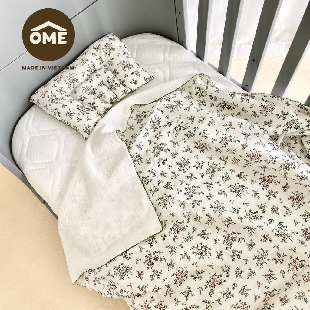 Set chăn gối vải thô họa tiết hoa Vintage cao cấp chính hãng Ome cho bé, mẫu mới nhất 2021 ''Chăn gối cao cấp cho bé''