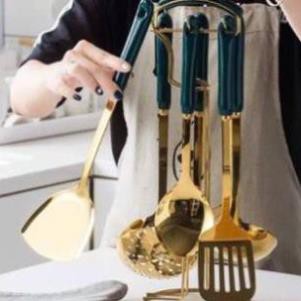 (CÓ SẴN))bộ 6 món muỗng,thìa đảo đồ ăn mạ vàng bằng sứ màu xanh cổ vịt cao cấp cho bếp ăn của bạn sang trọng