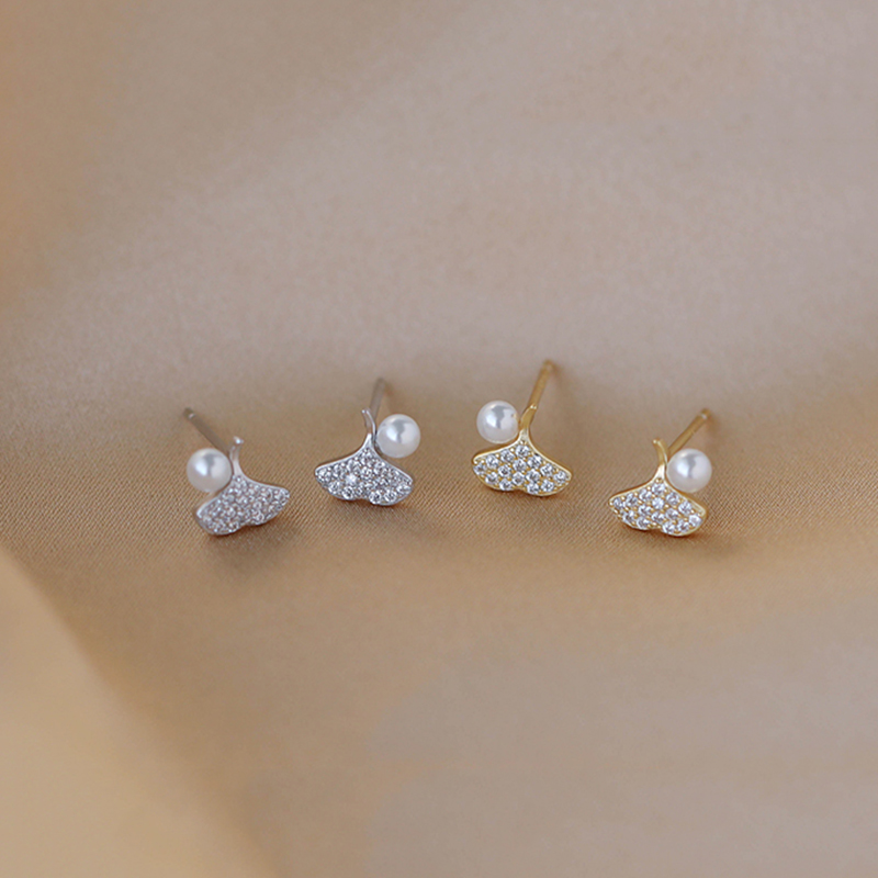 Bông Tai Ngọc Trai Elegant Ginkgo Biloba Crystal Pearl Earrings Stud Shinning Leaves Zircon Party Earring Women Girl Gift Jewelry