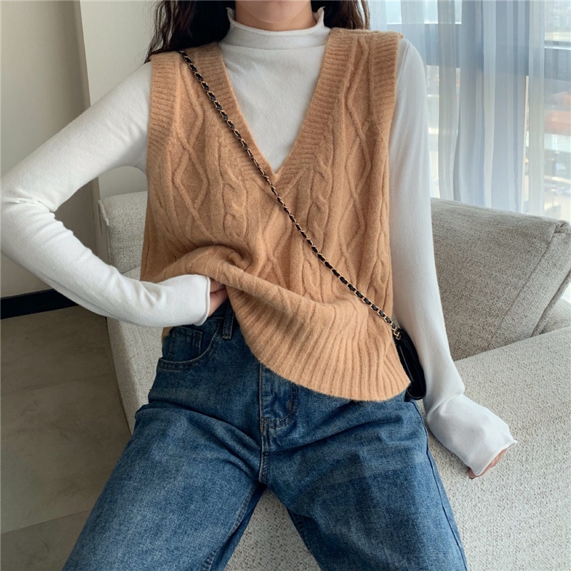 SUXI Áo Không Tay Cổ Chữ V Màu Sắc Đơn Giản Thời Trang Thu Đông Phong Cách Hàn Quốc