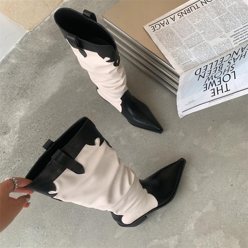 Giày Bốt Cao Bồi Cao Bồi Mũi Nhọn Xếp Ly Dày Dặn Phong Cách Cao Bồi Phương Tây Mẫu Mới 2022 Thời Trang Thu Đông Cho