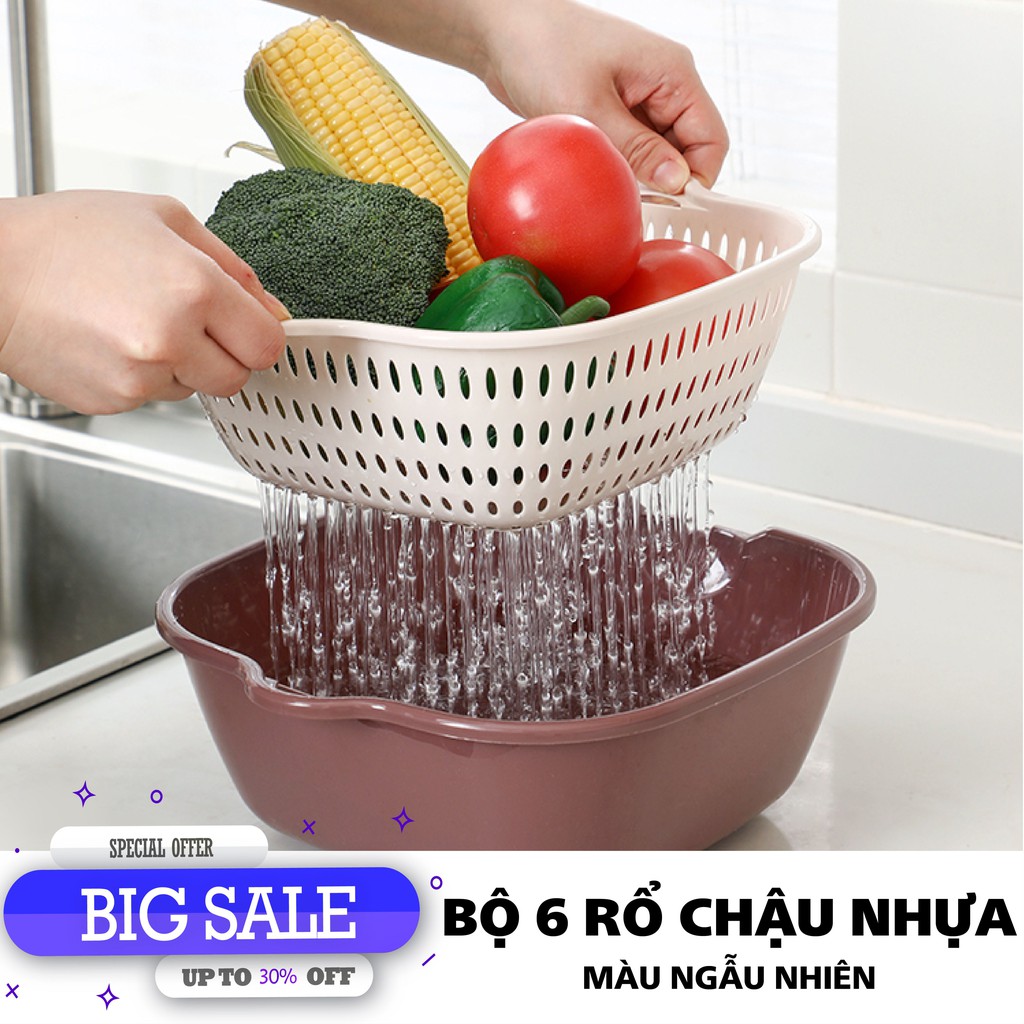 Bộ Rổ Nhựa Vuông Kèm Chậu 6 Món Cao Cấp nhựa siêu bền có lỗ thoát nước