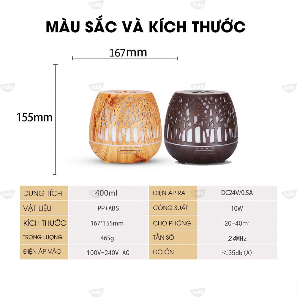 Máy khuếch tán tinh dầu KB-61K giúp tạo ẩm, làm thơm phòng, kèm 2 chai tinh dầu Kobi 10ml/chai, hàng chính hãng