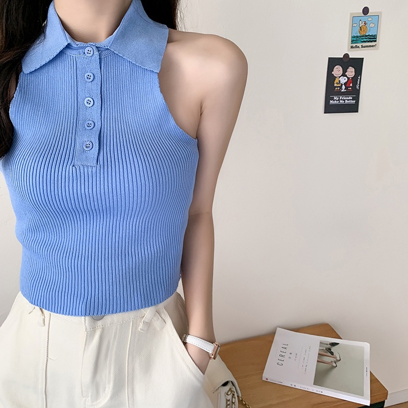 Áo len dệt kim sát nách cổ bẻ dáng croptop cực xinh