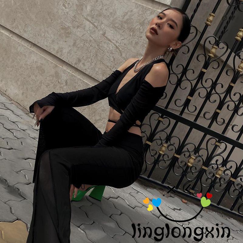 ❉Zt❥Áo Croptop Tay Dài Cổ Chữ V Màu Sắc Trơn Thiết Kế Đơn Giản Thời Trang Dành Cho Nữ