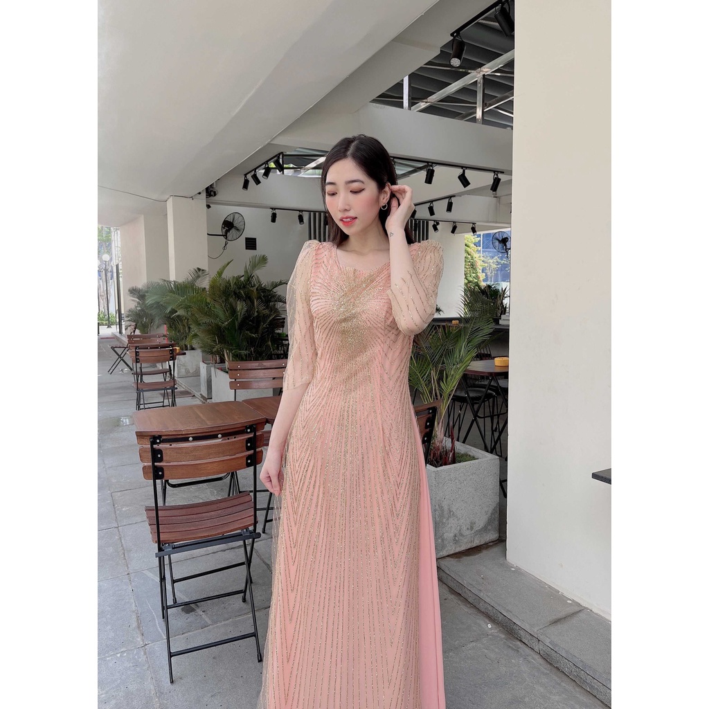 đầm dạ hội dự tiệc cho mẹ , ngồi sui , thiết kế sang trọng màu hồng dâu