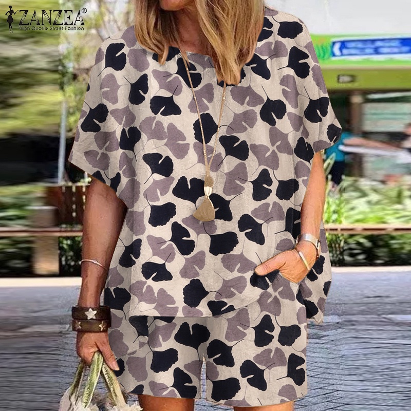 Bộ đồ nữ ZANZEA gồm áo tay cánh dơi và quần eo thun họa tiết in vintage thời trang