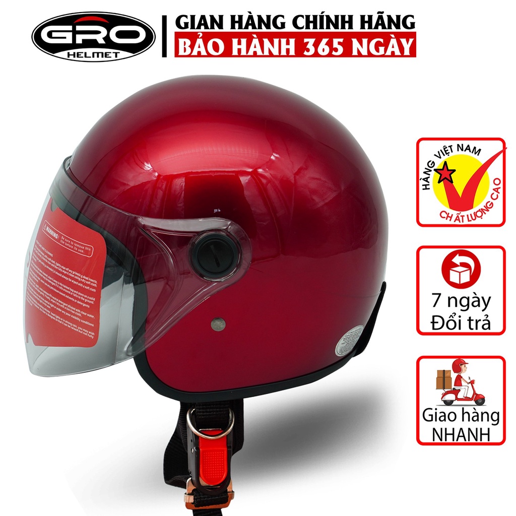 Mũ Bảo Hiểm Gro 3/4 đầu T818 kính dài che cả mặt, kiểu dáng thời trang cho nữ, khóa kim loại chắc chắn - Đỏ Đô Bóng