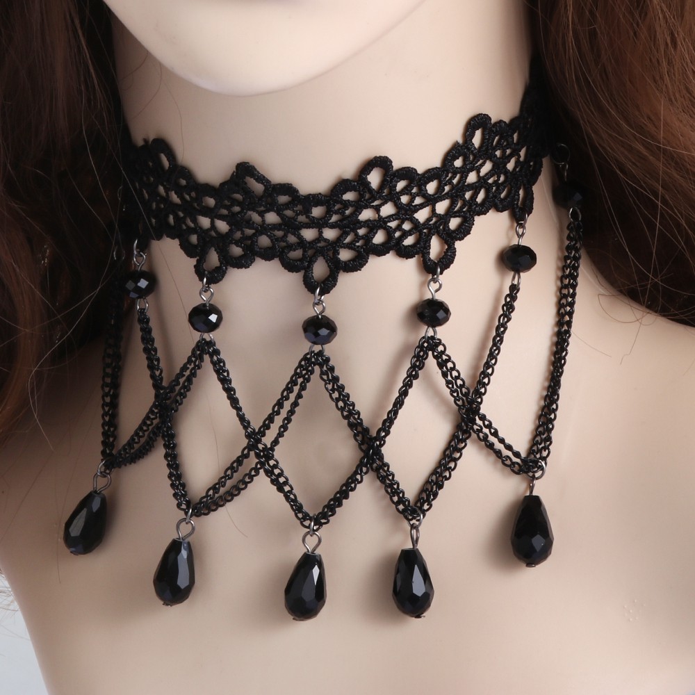 Vòng Cổ Choker Vải Ren Màu Đen Phong Cách Steampunk Gothic Sang Trọng Quyến Rũ|Mặt Dây Chuyền