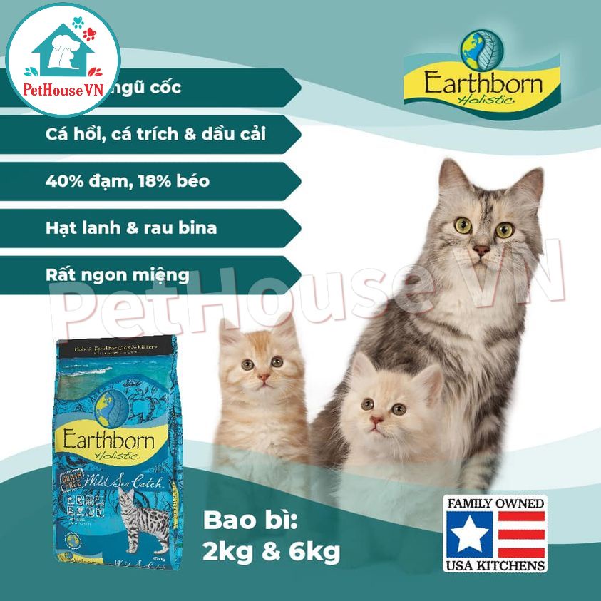 EARTHBORN WILD SEA CATCH - Túi 500G Thức Ăn Hạt Cho Mèo Và Mèo Con Vị Cá Hồi & Cá Trích Hàng Chính Hãng