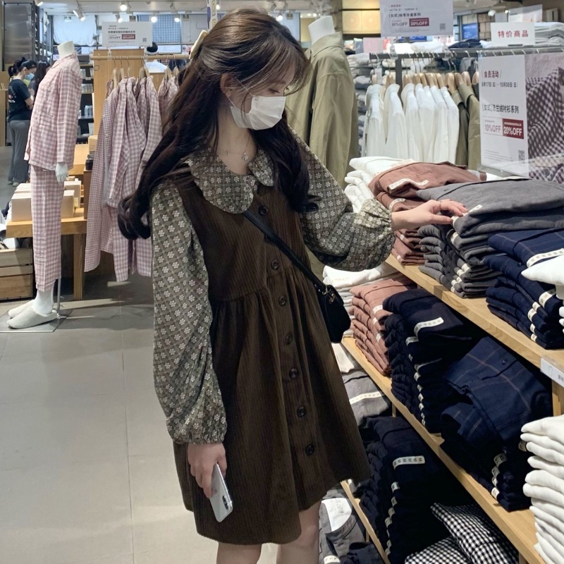 Bộ Áo Sơ Mi Cổ Búp Bê + Đầm Yếm Thiết Kế Mới Xinh Xắn Thời Trang Dành Cho Nữ