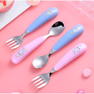 Bộ muỗng nĩa inox cán nhựa tay béo cho bé ăn dặm
