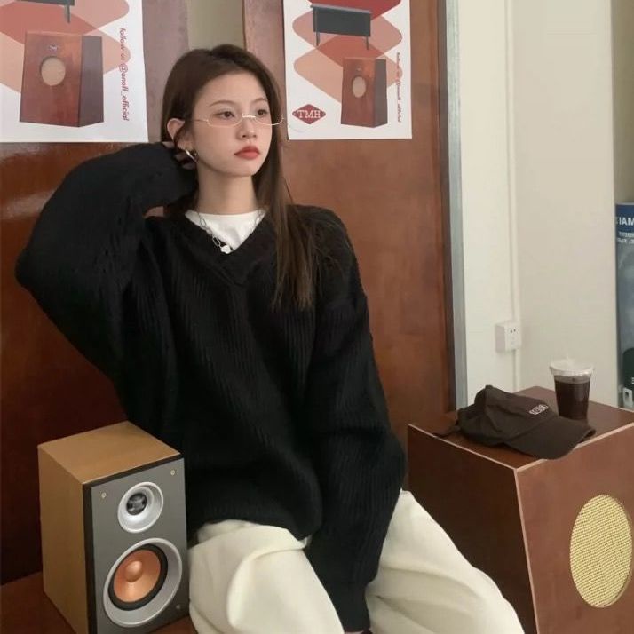 Áo sweater Dệt Kim Dáng Rộng Cổ Chữ V Thời Trang Thu Đông 2022 Cho Nữ