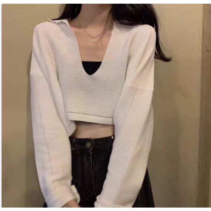 Áo croptop tay dài ulzzang Cổ chữ V form kiểu xuông mang phong cách hiện đại