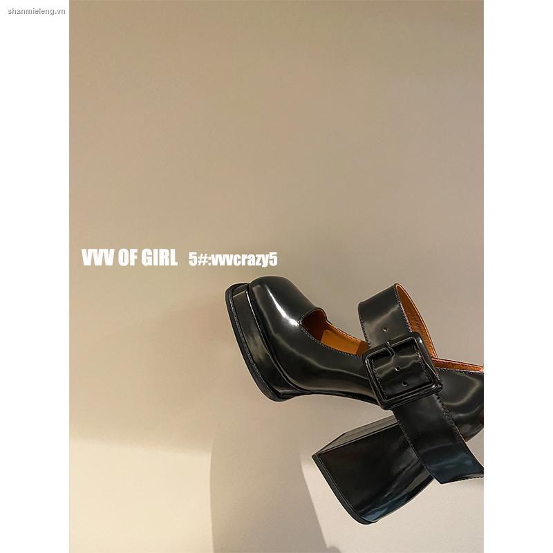 Giày cao gót Mary Jane mũi vuông màu đen thời trang thịnh hành mới cho nữ