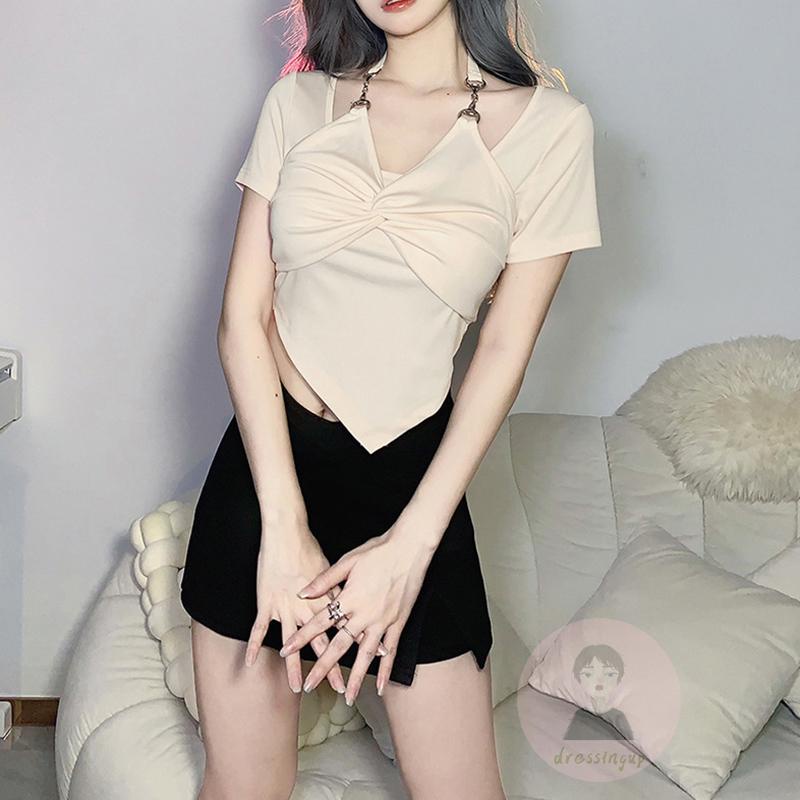 Áo Thun Ngắn Tay Ôm Dáng Phối Dây Xích Thắt Nút Ngực Màu Sắc Độc Đáo Thời Trang Mùa Hè Cho Nữ