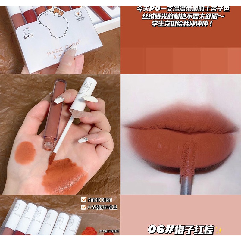 [Hàng mới về] Set 6 Son Kem Lì MAGIC CASA bear Fluffy Lip Glaze velvet Siêu Xinh Chất Mềm Và Mịn Môi Cao Cấp