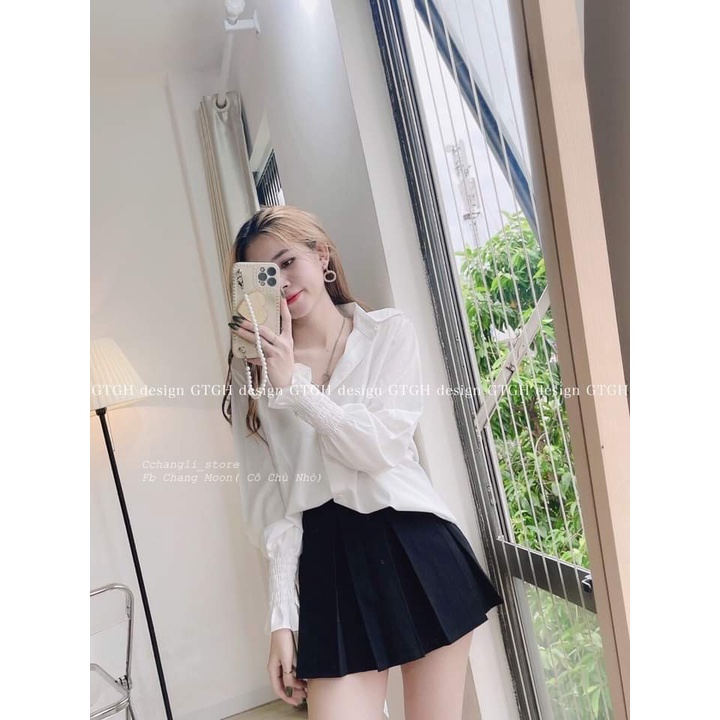Áo sơ mi trắng nữ đi học tay dài bo chun, cổ bẻ trơn basic - sơ mi trắng học sinh Kanimi | BigBuy360 - bigbuy360.vn