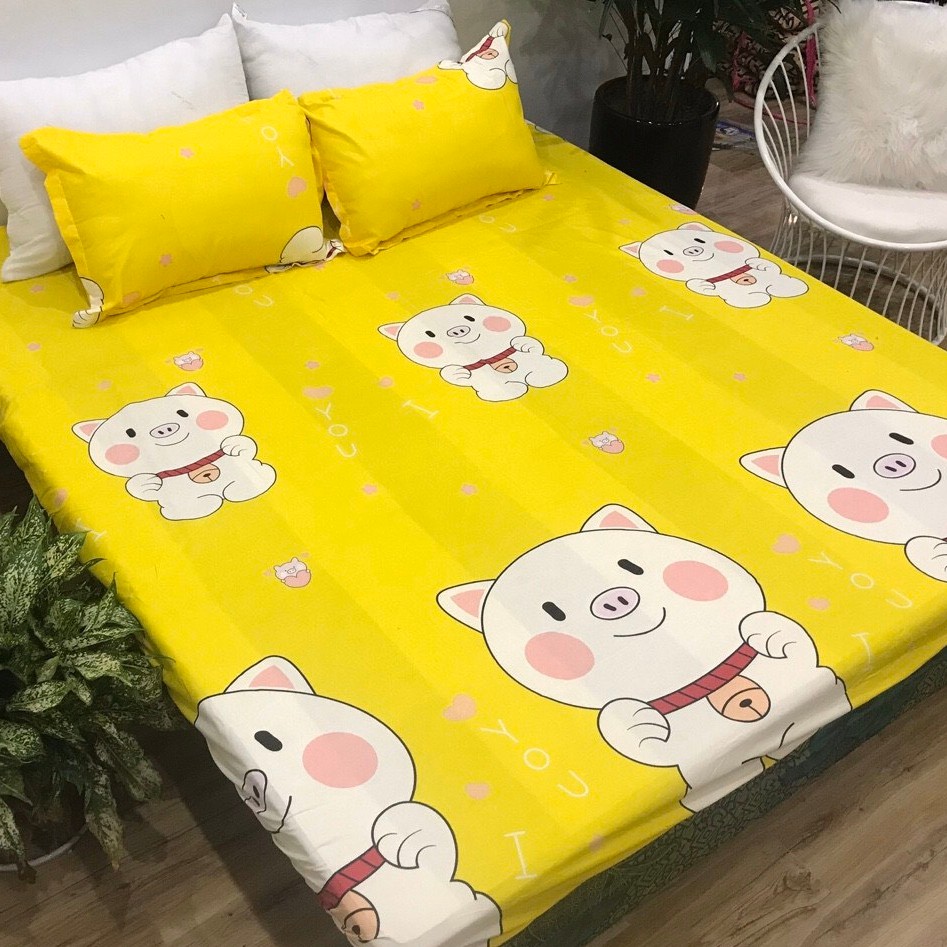 Bộ Ga gối Cotton Poly 3 Món Mẫu Lợn Vàng