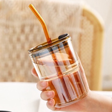 Cốc thuỷ tinhFREESHIPLy nước vỏ da có nắp và ống hút,Uống nước đẹp sang chảnh dung tích 450ml
