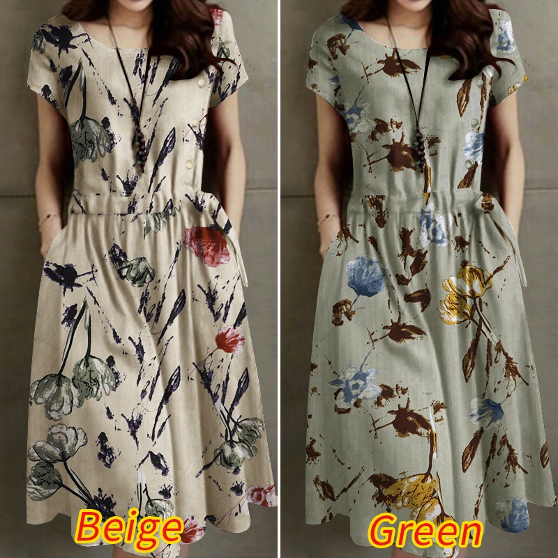 Đầm Zanzea tay ngắn cổ tròn in họa tiết hoa phong cách cổ điển dành cho nữ