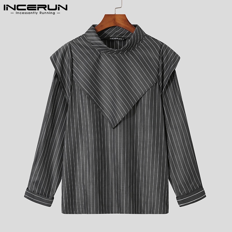 Áo INCERUN họa tiết sọc kiểu dáng không đồng đều tay dài cổ cao dành cho nam