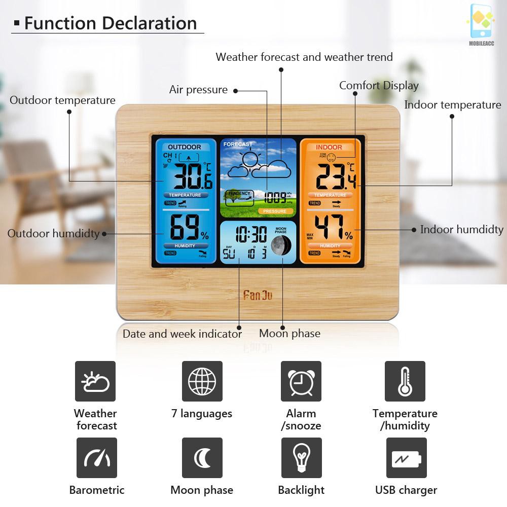 M FanJu FJ3373 Multifunction Digital Weather Station LCD Alarm Clock Indoor Outdoor Weather Forecast Barometer Thermometer Hygrometer with Wireless Outdoor Sensor USB Power Cord